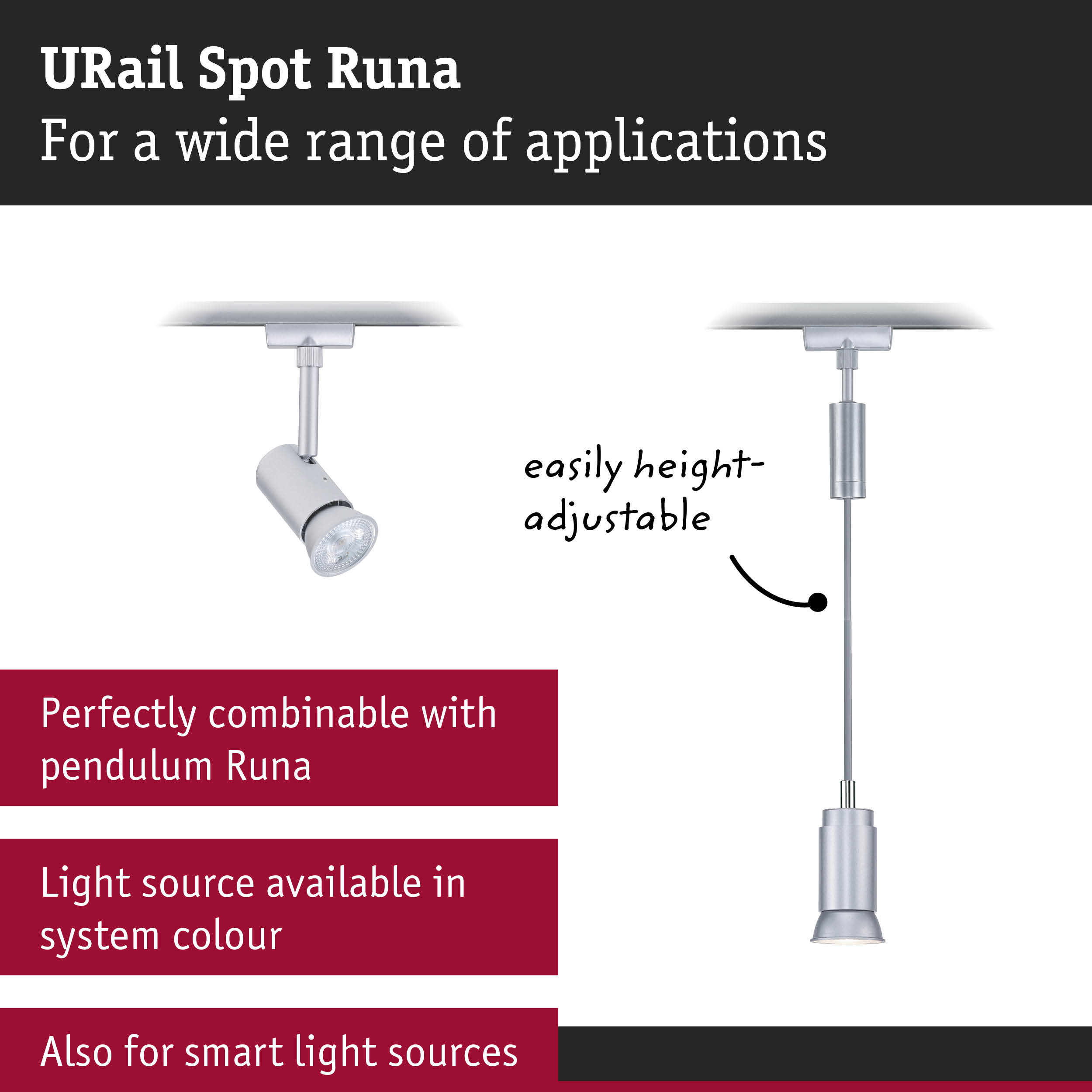 Height-adjustable silver metal URail Spot Runa light for versatile lighting applications