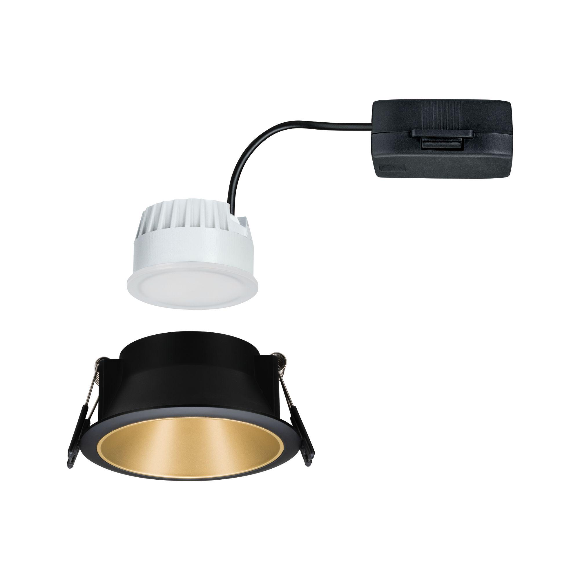 Black recessed spotlight with gold reflector and white LED module, energy-saving ceiling light