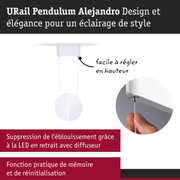 Suspension URail Pendulum Alejandro blanche avec LED, hauteur réglable et diffuseur anti-éblouissement