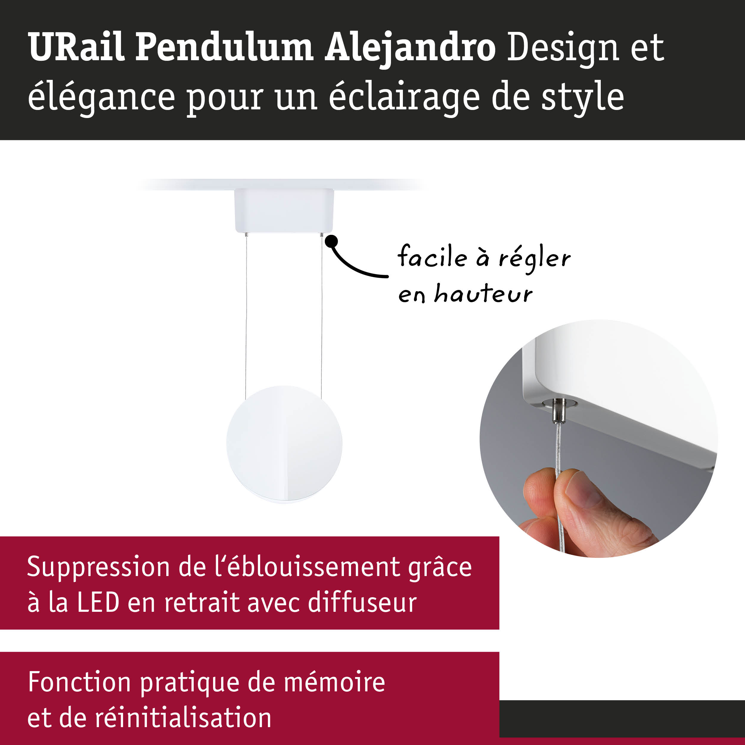 Suspension URail Pendulum Alejandro blanche avec LED, hauteur réglable et diffuseur anti-éblouissement