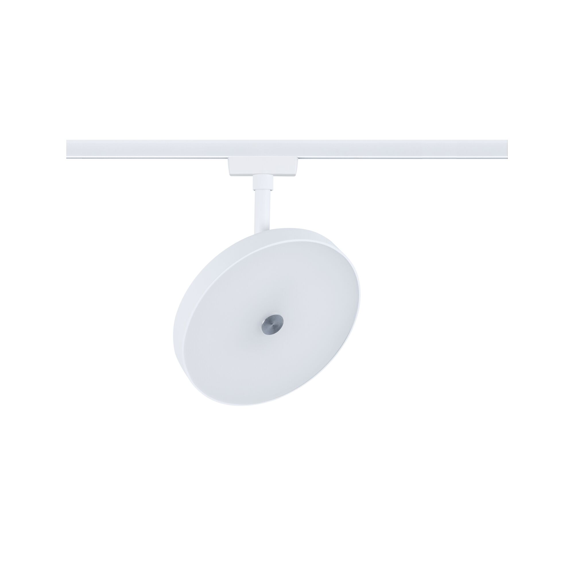 Round white metal LED spotlight on track system for modern room lighting
