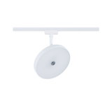 Round white metal LED spotlight on track system for modern room lighting