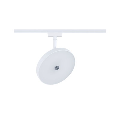 Round white metal LED spotlight on track system for modern room lighting