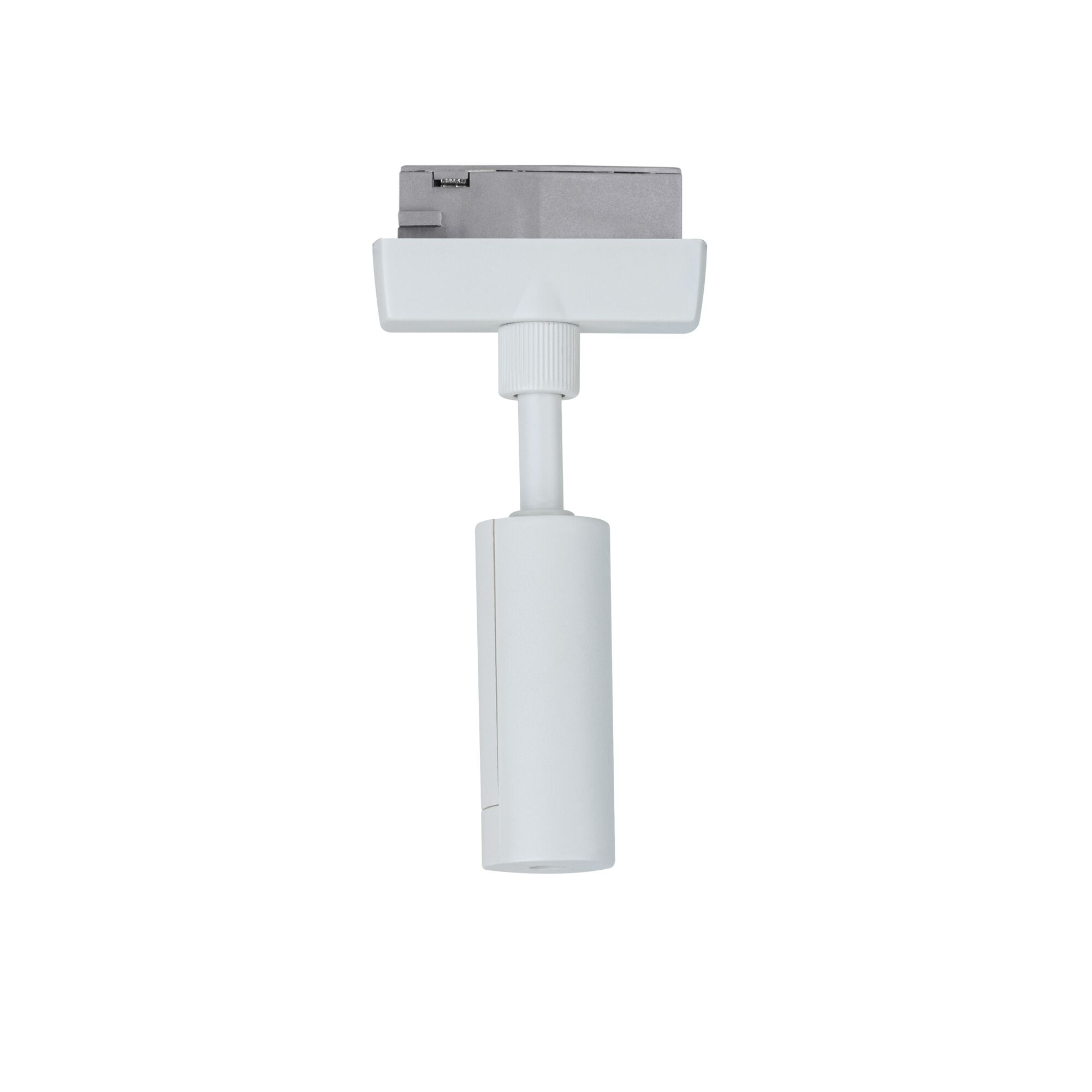 White LED track light made of plastic, modern spotlight with adjustable joint for rail systems