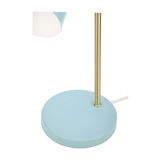 Moderne tafellamp met ronde lichtblauwe voet en gouden metalen staaf voor stijlvolle verlichting