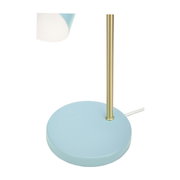 Moderne Tischlampe mit runder hellblauer Basis und goldfarbenem Metallstab für stilvolle Beleuchtung