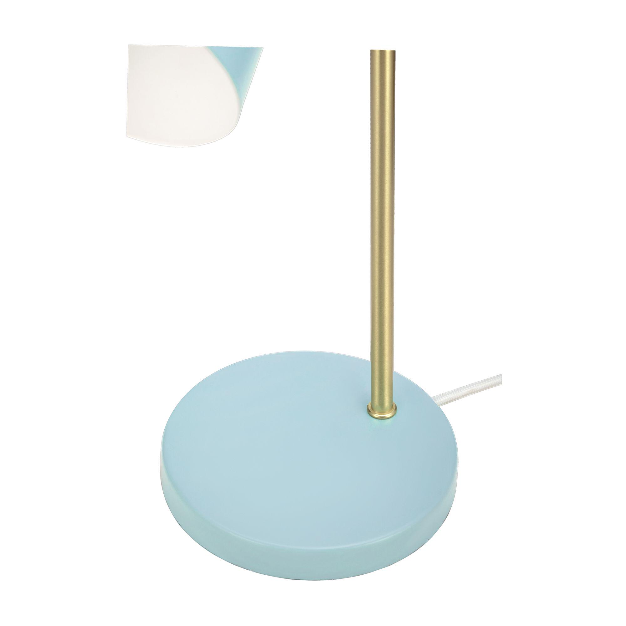 Moderne Tischlampe mit runder hellblauer Basis und goldfarbenem Metallstab für stilvolle Beleuchtung