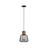 Pendant lamp with grey glass and cork detail, black cord, modern hanging light for living room