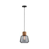 Pendellampe med gråt glas og korkdetalje, sort ledning, moderne loftslampe til stue