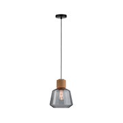 Hanglamp met grijze glazen kap en kurkdetail, zwarte kabel, moderne binnenverlichting