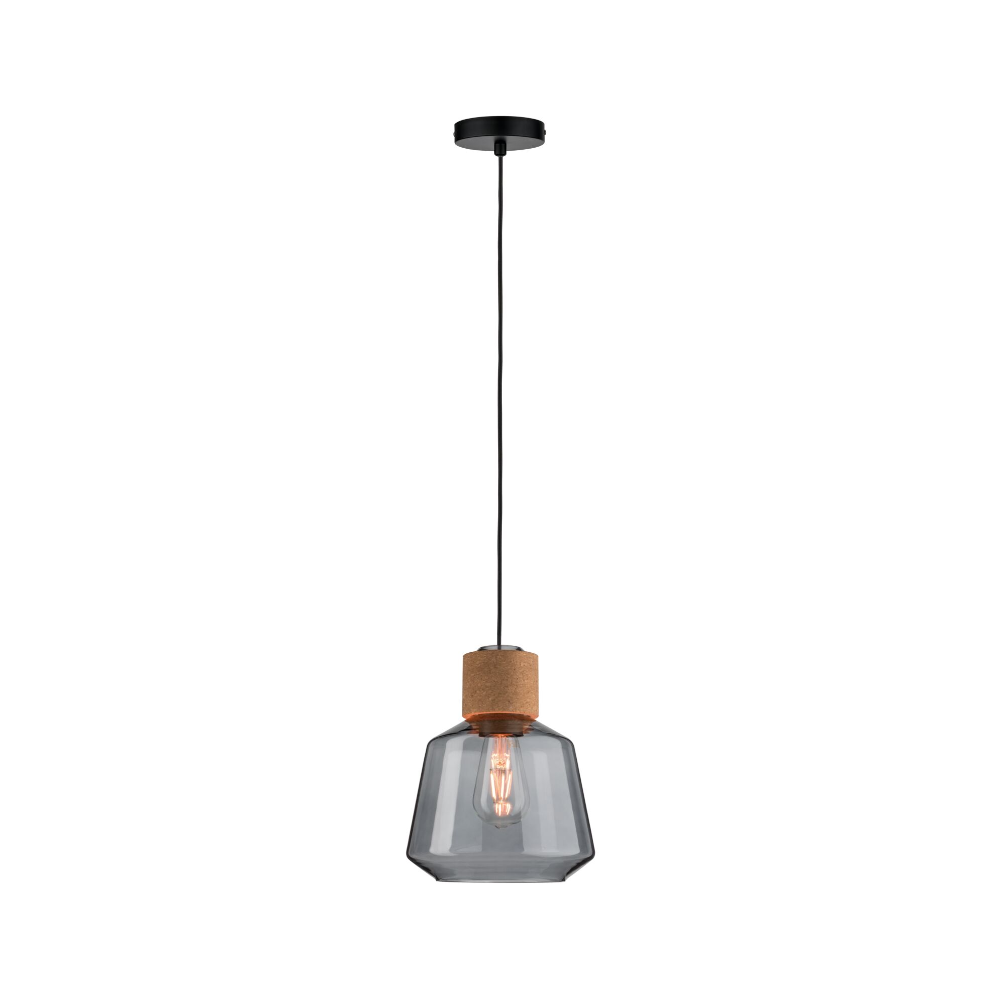 Hanglamp met grijze glazen kap en kurkdetail, zwarte kabel, moderne binnenverlichting