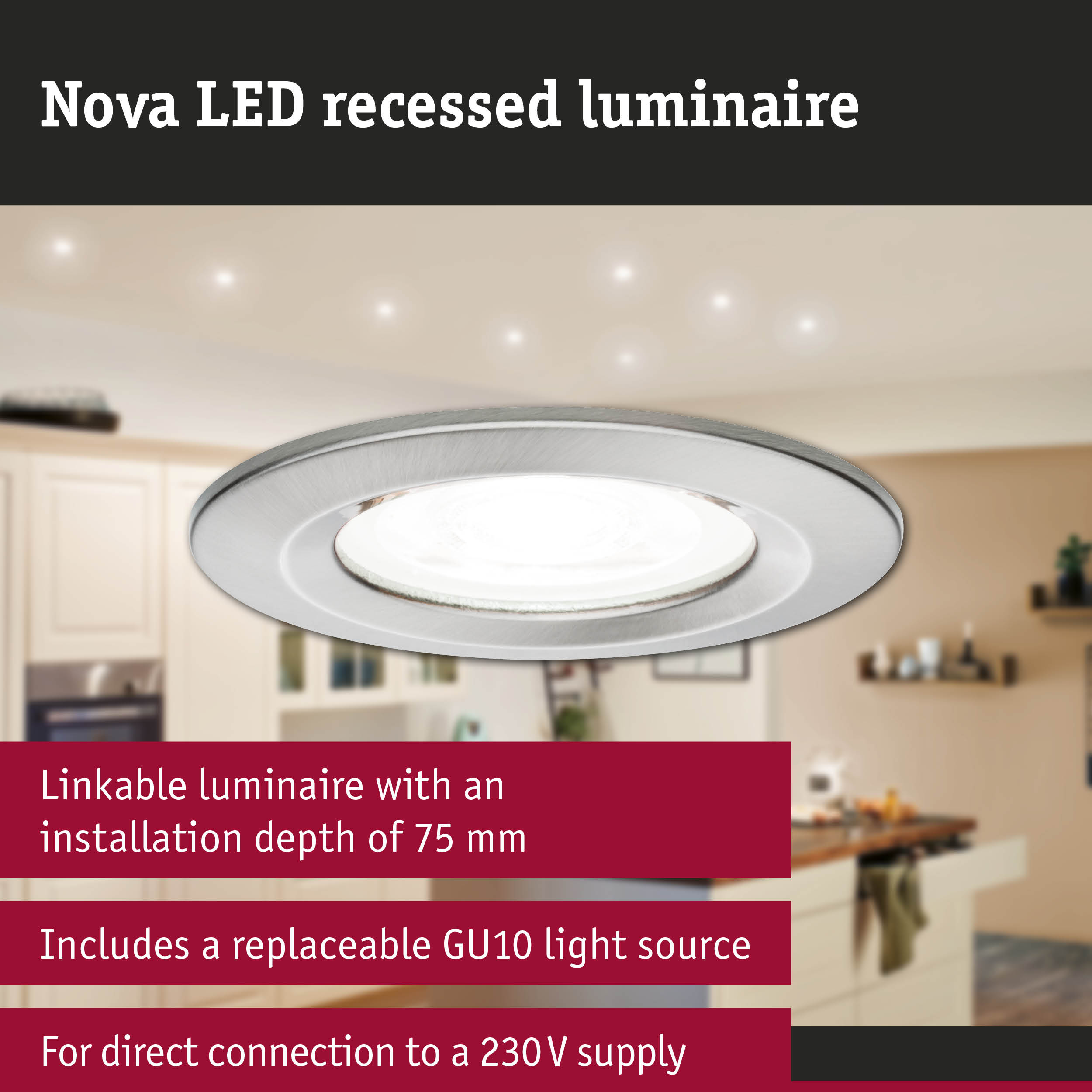 Nova LED recessed luminaire in brushed silver aluminium for modern indoor lighting solutions