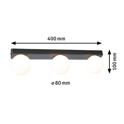 Black ceiling light with three white glass globes, size 400x100 mm, modern LED lighting fixture