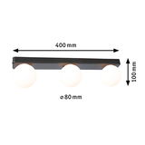 Black ceiling light with three white glass globes, size 400x100 mm, modern LED lighting fixture