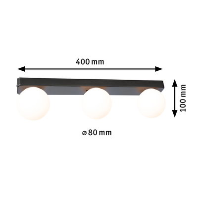 Black ceiling light with three white glass globes, size 400x100 mm, modern LED lighting fixture