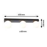Black ceiling light with three white glass globes, size 400x100 mm, modern LED lighting fixture