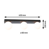 Black ceiling light with three white glass globes, size 400x100 mm, modern LED lighting fixture