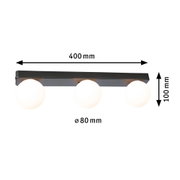 Schwarze Deckenleuchte mit drei weißen Glaskugeln, Maße 400x100 mm, moderne LED-Beleuchtung