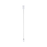 Modern white LED pendant light with metal cable and cylindrical shade for living spaces