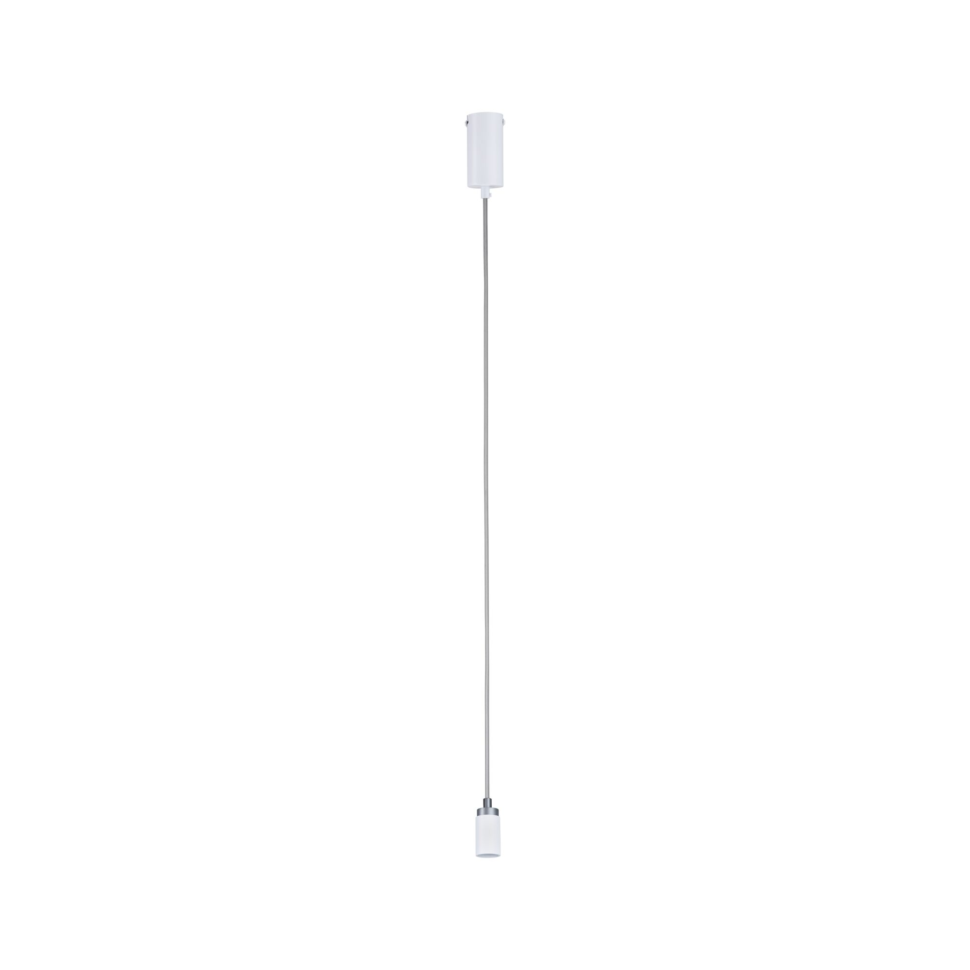Modern white LED pendant light with metal cable and cylindrical shade for living spaces