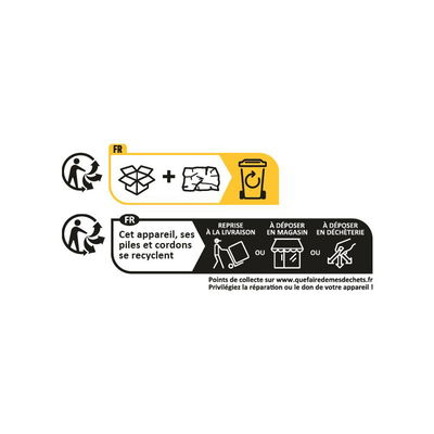 Französische Recyclinghinweise für Geräte, Batterien und Kabel mit Symbolen zur Entsorgung und Rückgabe.