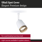White URail Spot Cover with gold trim for elegant LED track lighting in modern interiors