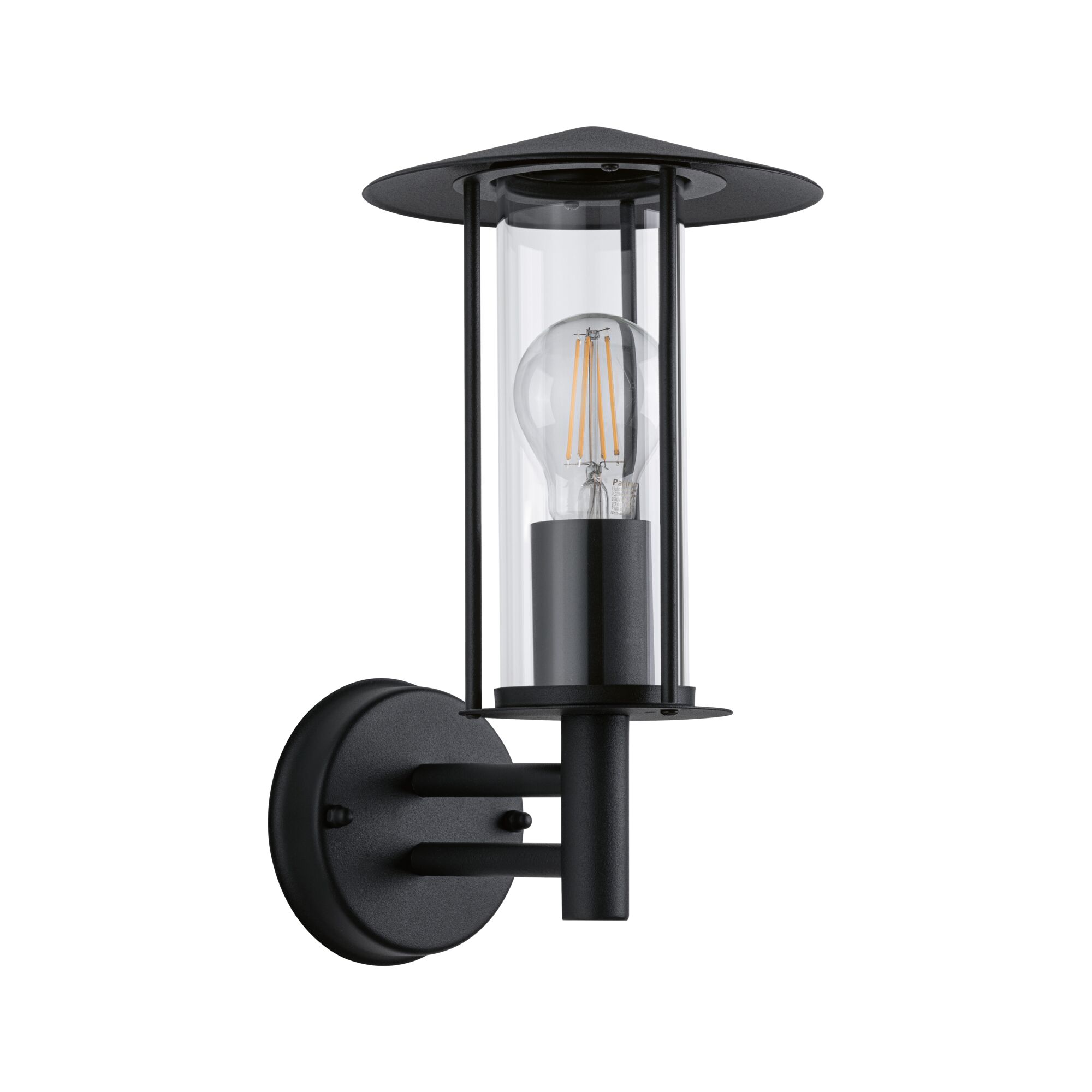 Schwarze Wandlampe aus Metall mit klarem Glaszylinder und sichtbarer LED-Glühbirne für Außenbeleuchtung