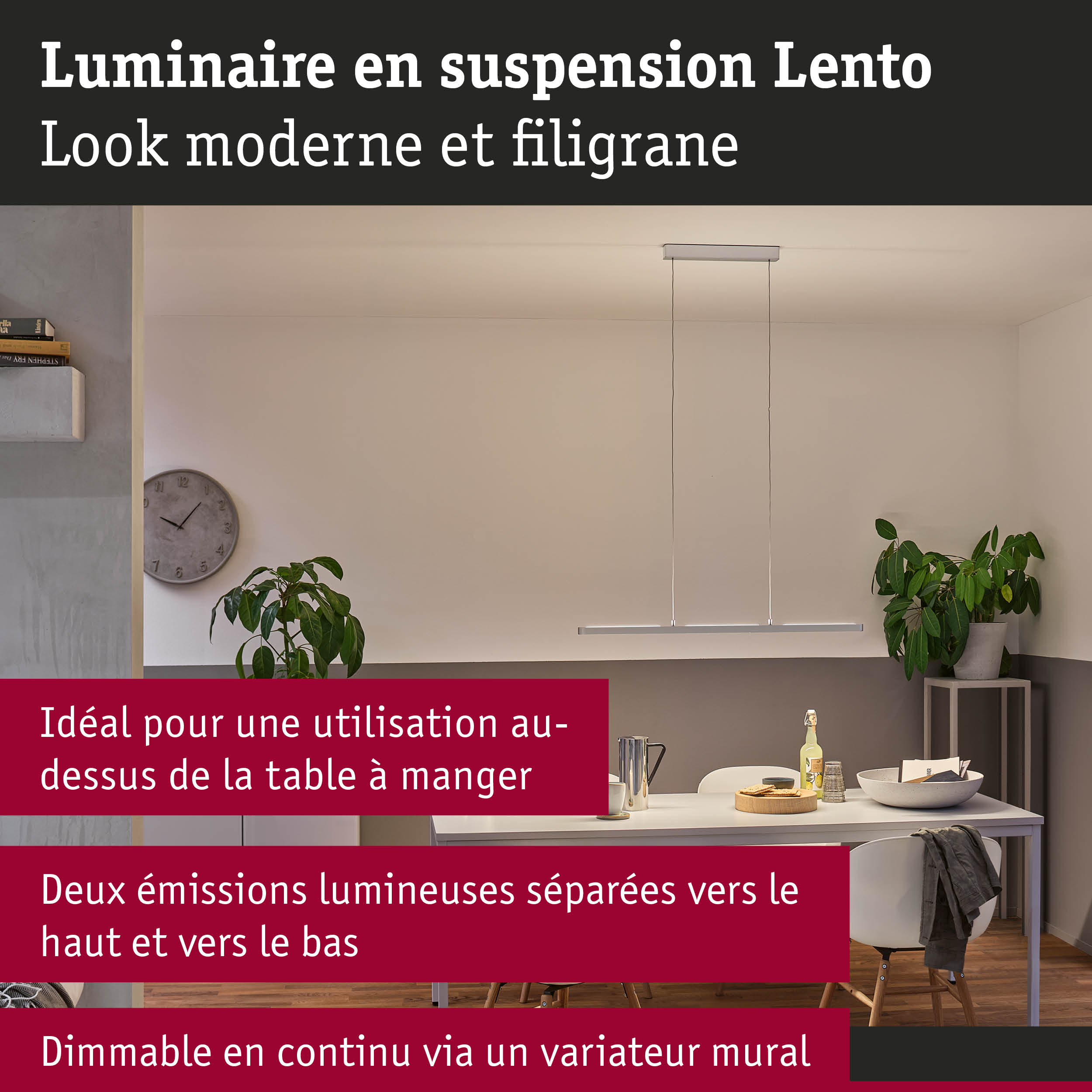 Luminaire suspendu Lento en aluminium moderne avec fonction dimmable au-dessus de la table à manger