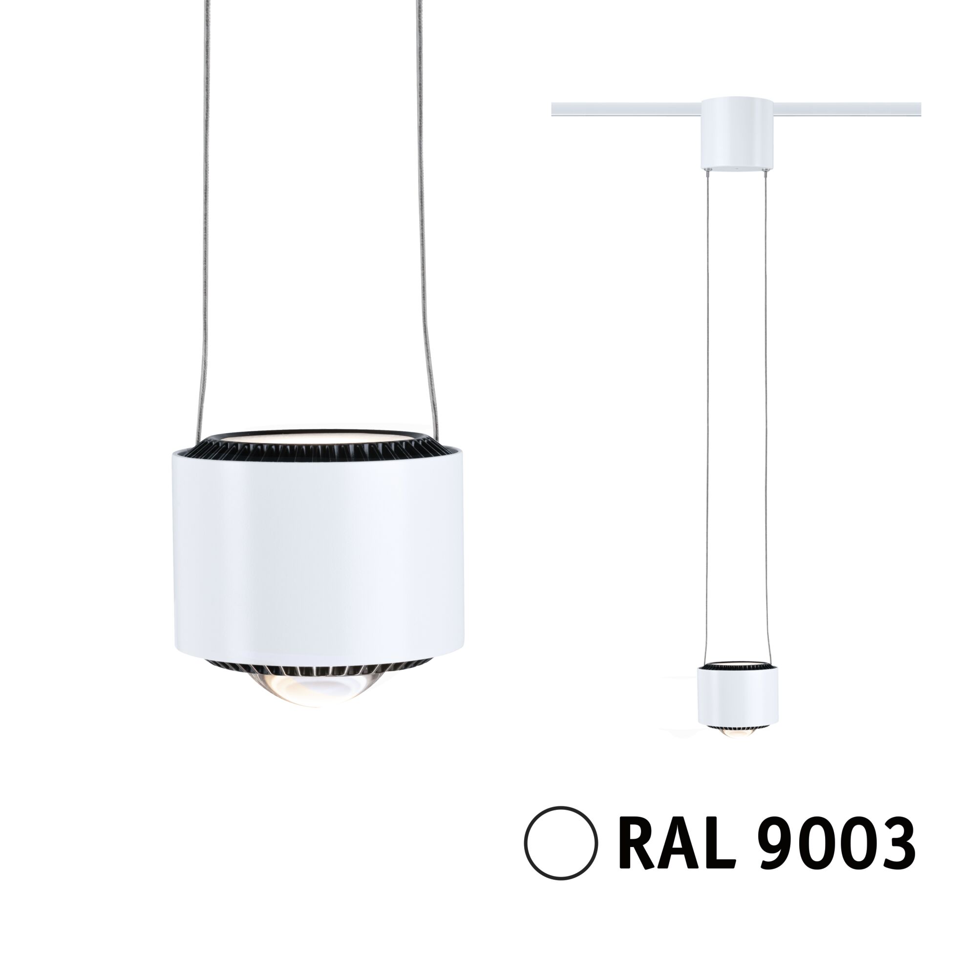 Moderne weiße Pendelleuchte aus Metall mit schwarzem Lüfter und LED-Lichtquelle, RAL 9003 Weiß.