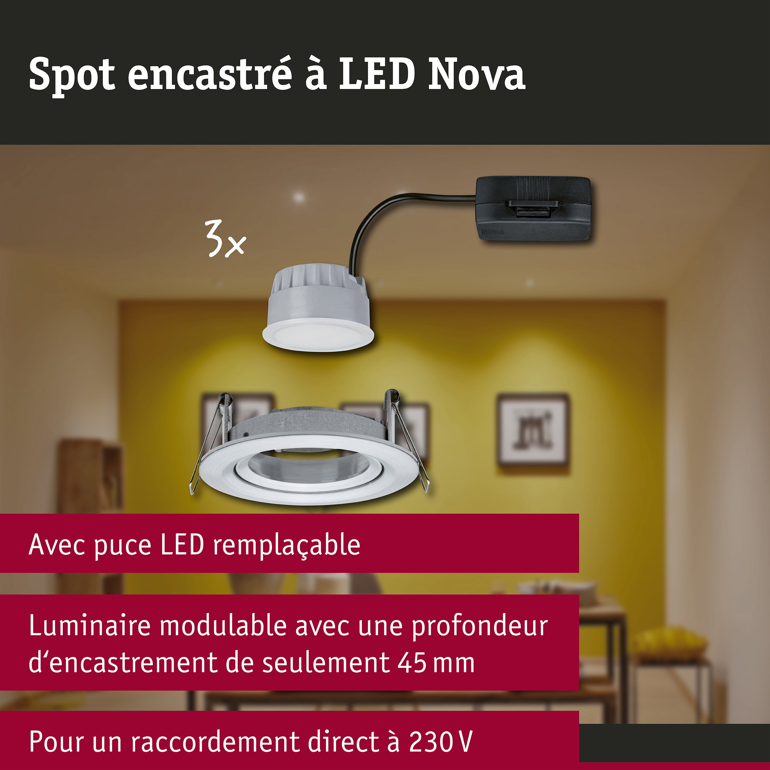 Spot encastré LED 3-Step-Dim Nova Coin Kit de base orientable rond 84mm 50° Coin 3x6W 3x470lm 230V gradable 2700K Alu tourné