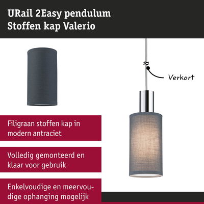URail 2Easy pendel met antraciet stoffen kap, moderne stoffen lampenkap voor binnenverlichting