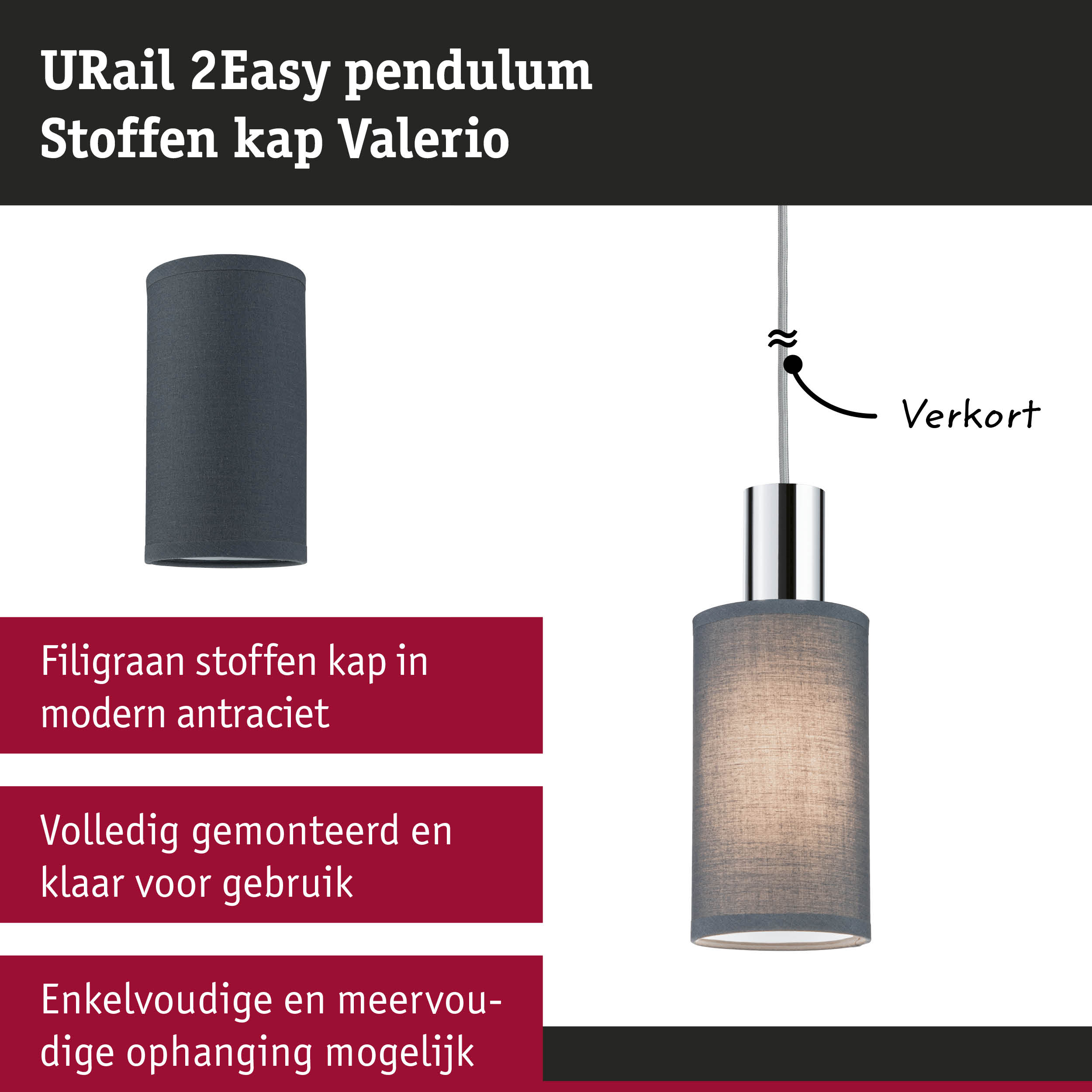 URail 2Easy pendel met moderne antraciet stoffen kap en verstelbare ophanging