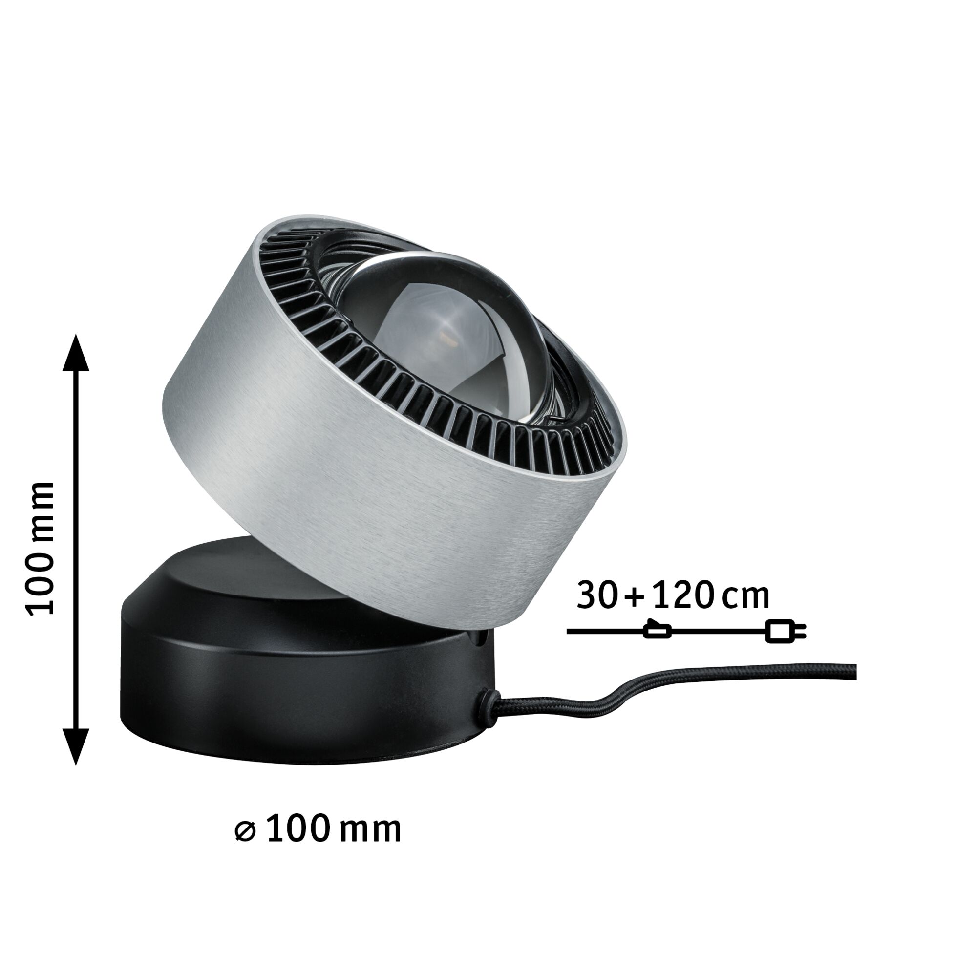 Moderner LED-Tischstrahler aus gebürstetem Aluminium und schwarzem Sockel mit 100 mm Durchmesser.