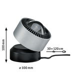 Moderner LED-Tischstrahler aus gebürstetem Aluminium und schwarzem Sockel mit 100 mm Durchmesser.
