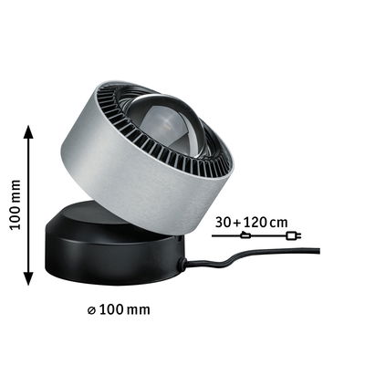 Moderner LED-Tischstrahler aus gebürstetem Aluminium und schwarzem Sockel mit 100 mm Durchmesser.