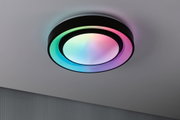Round LED ceiling light with black frame and multicolor illumination for modern interiors.