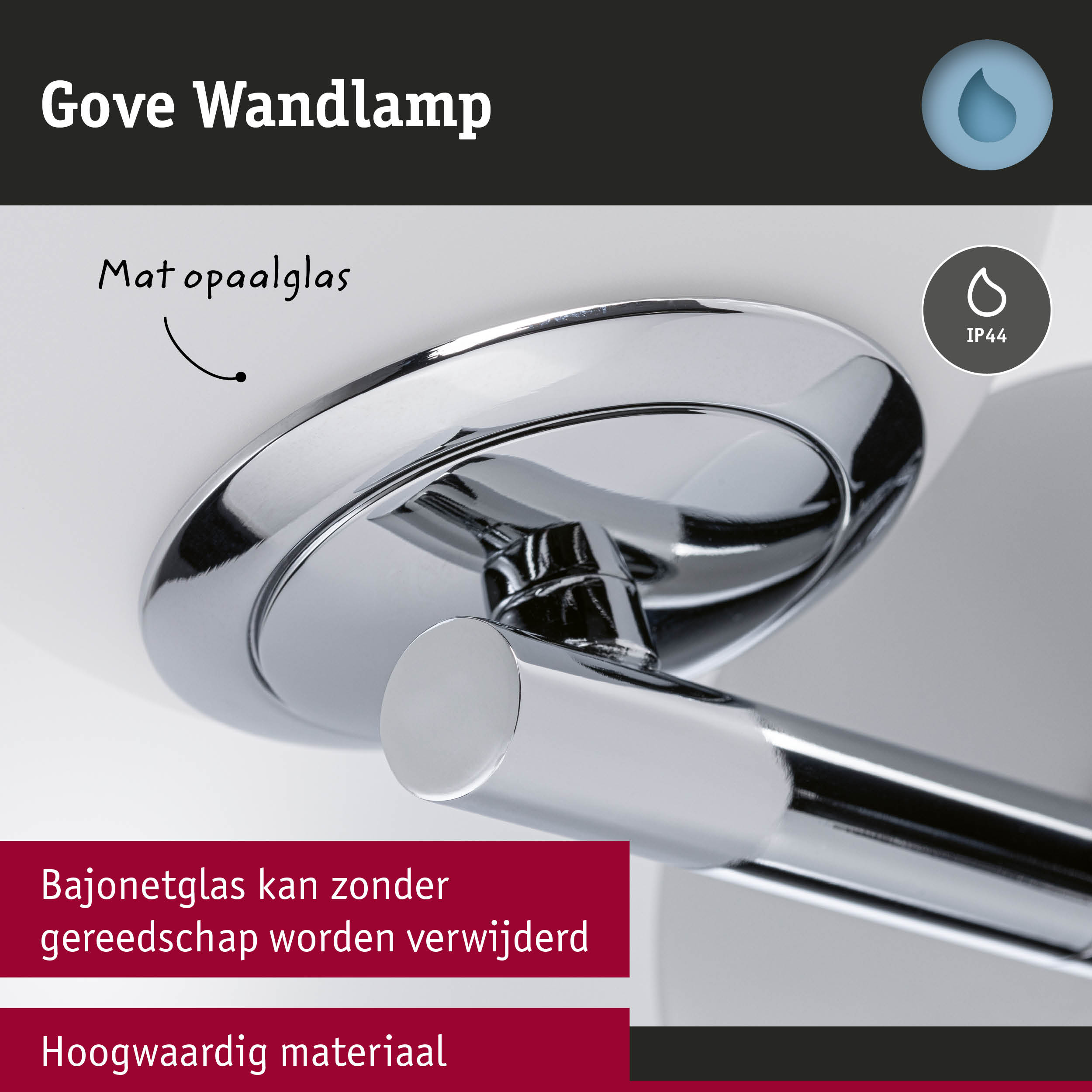 Gove wandlamp met mat opaalglas en hoogwaardig chroom materiaal voor badkamerverlichting