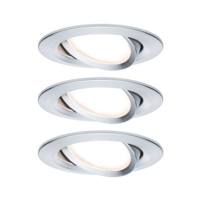 Three round recessed spotlights in brushed aluminum with warm white LED light for living spaces