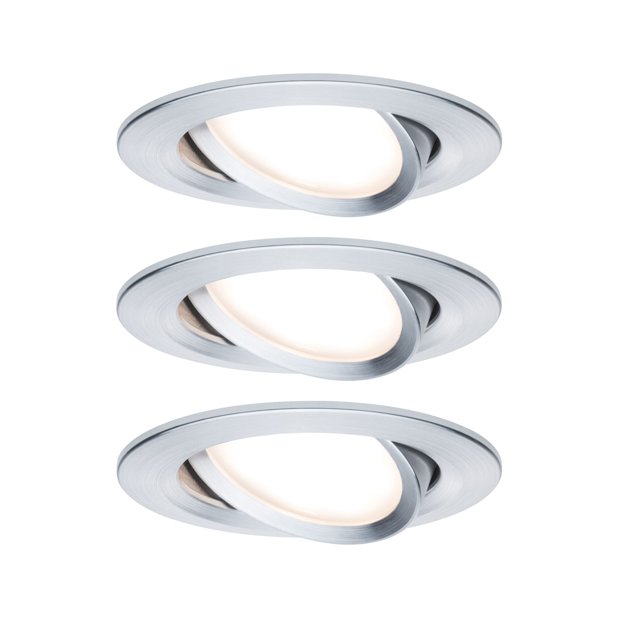 Drie ronde inbouwspots van geborsteld zilverkleurig aluminium met warm wit LED-licht