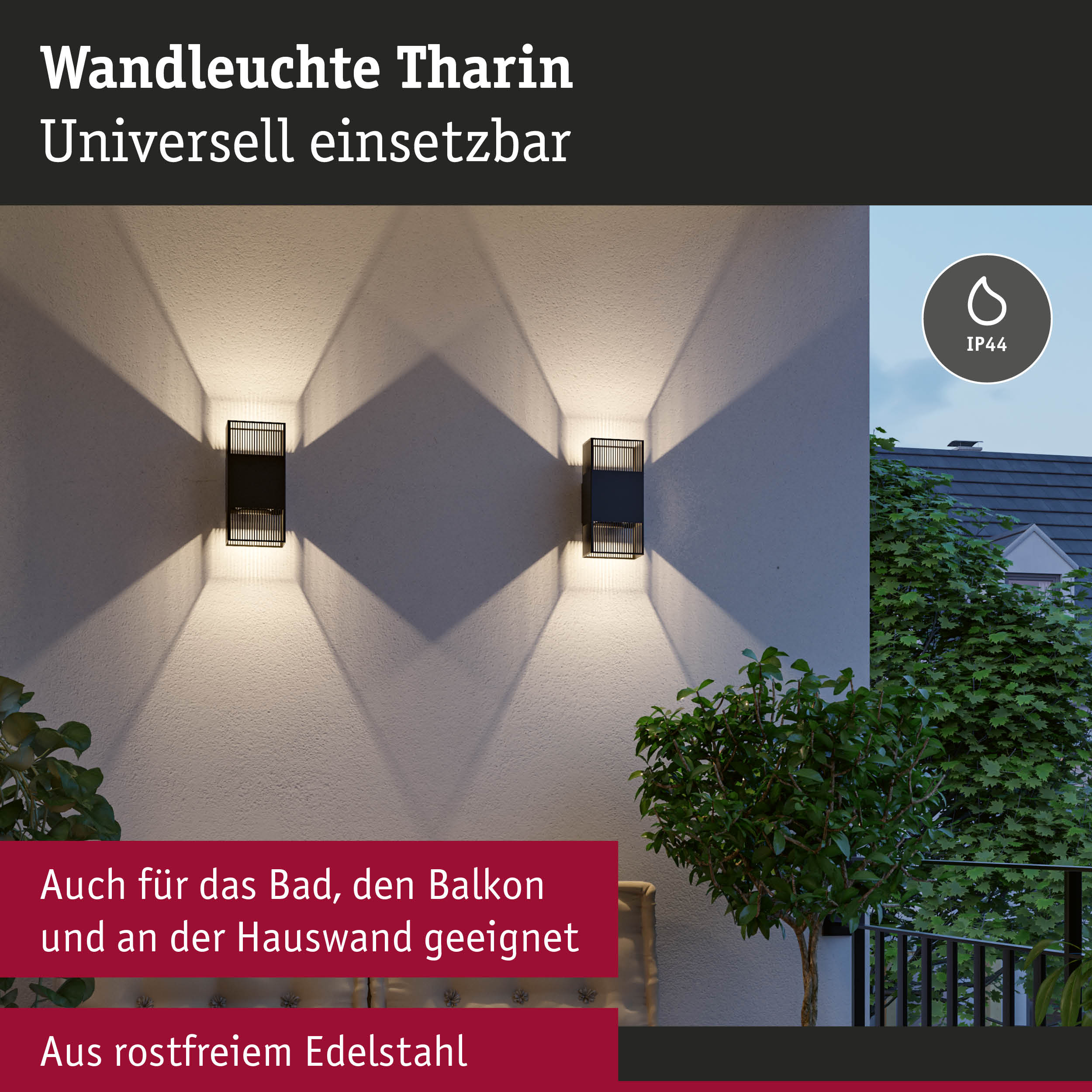 Wandleuchte Tharin aus rostfreiem Edelstahl in Schwarz mit dekorativem Lichtmuster für Außenbereiche