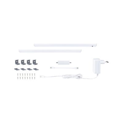 Ensemble d'éclairage LED sous meuble blanc avec deux barres, adaptateur secteur, câbles et clips de montage pour cuisine