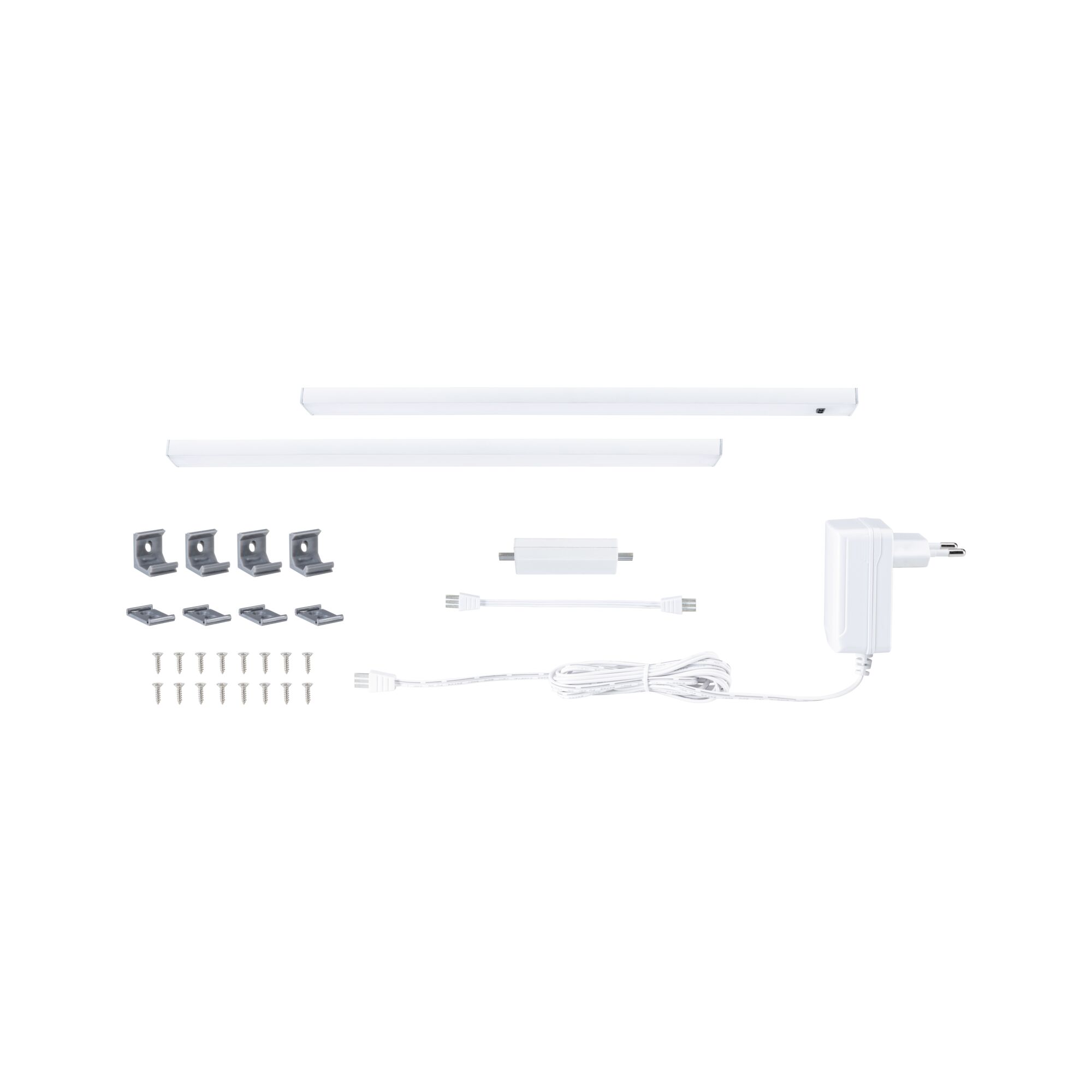 White LED under-cabinet lighting set with two bars, power adapter, connectors, and mounting clips for kitchen lighting