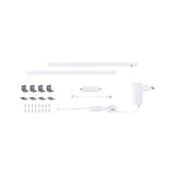 White LED under-cabinet lighting set with two bars, power adapter, connectors, and mounting clips for kitchen lighting