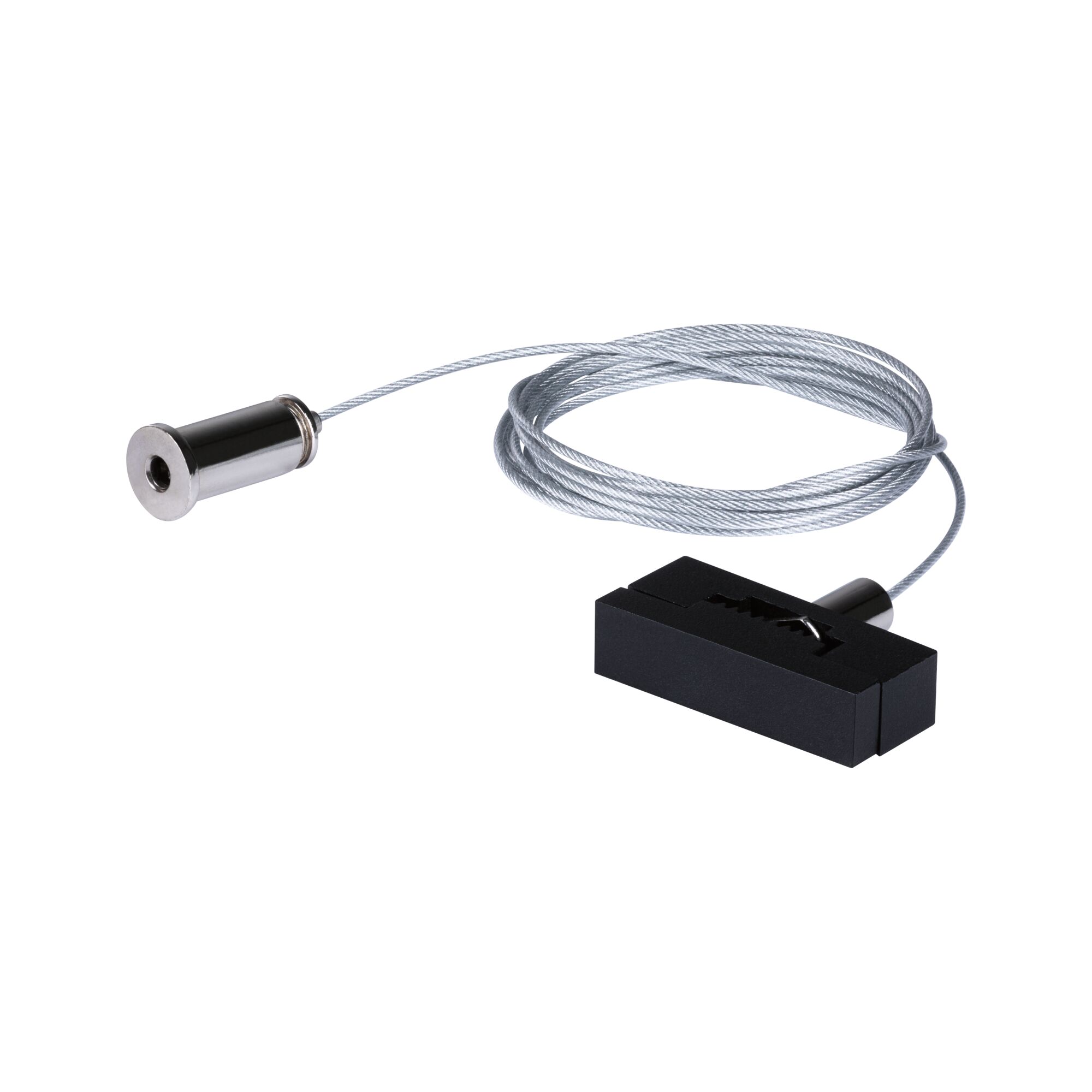 Steel cable with black plastic holder and chrome mounting part for lighting systems