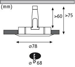 Technische Zeichnung eines Einbaustrahler-Sockels mit Maßen Ø78 mm und Einbautiefe über 60 mm