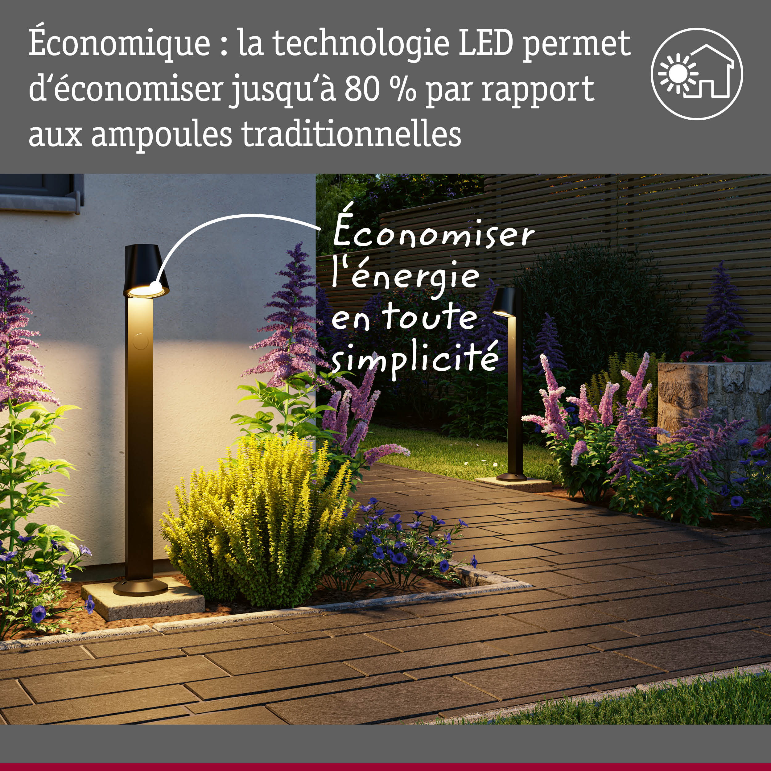 Lampe extérieure LED noire moderne dans un jardin avec technologie économique et plantes décoratives