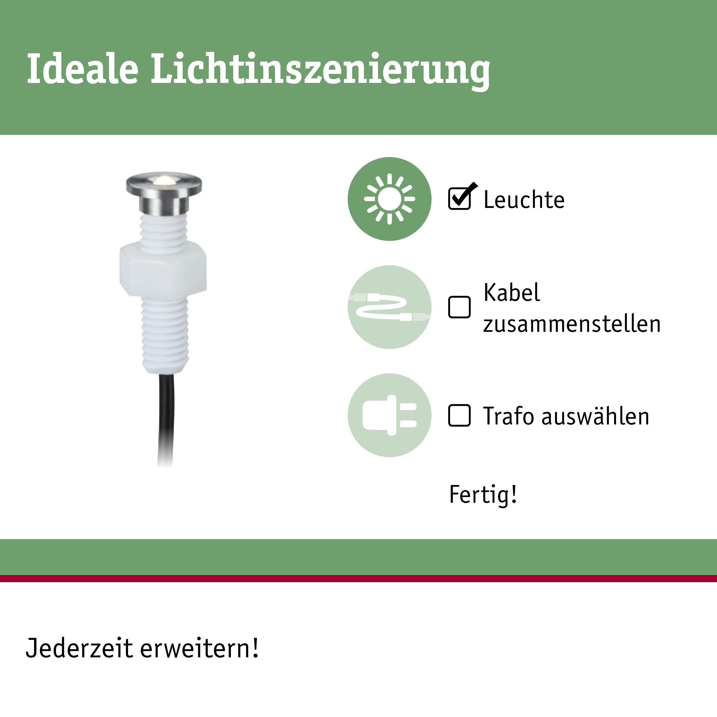 Kompakte LED-Leuchte mit Edelstahlkopf und weißem Kunststoffgewinde für flexible Lichtinszenierung
