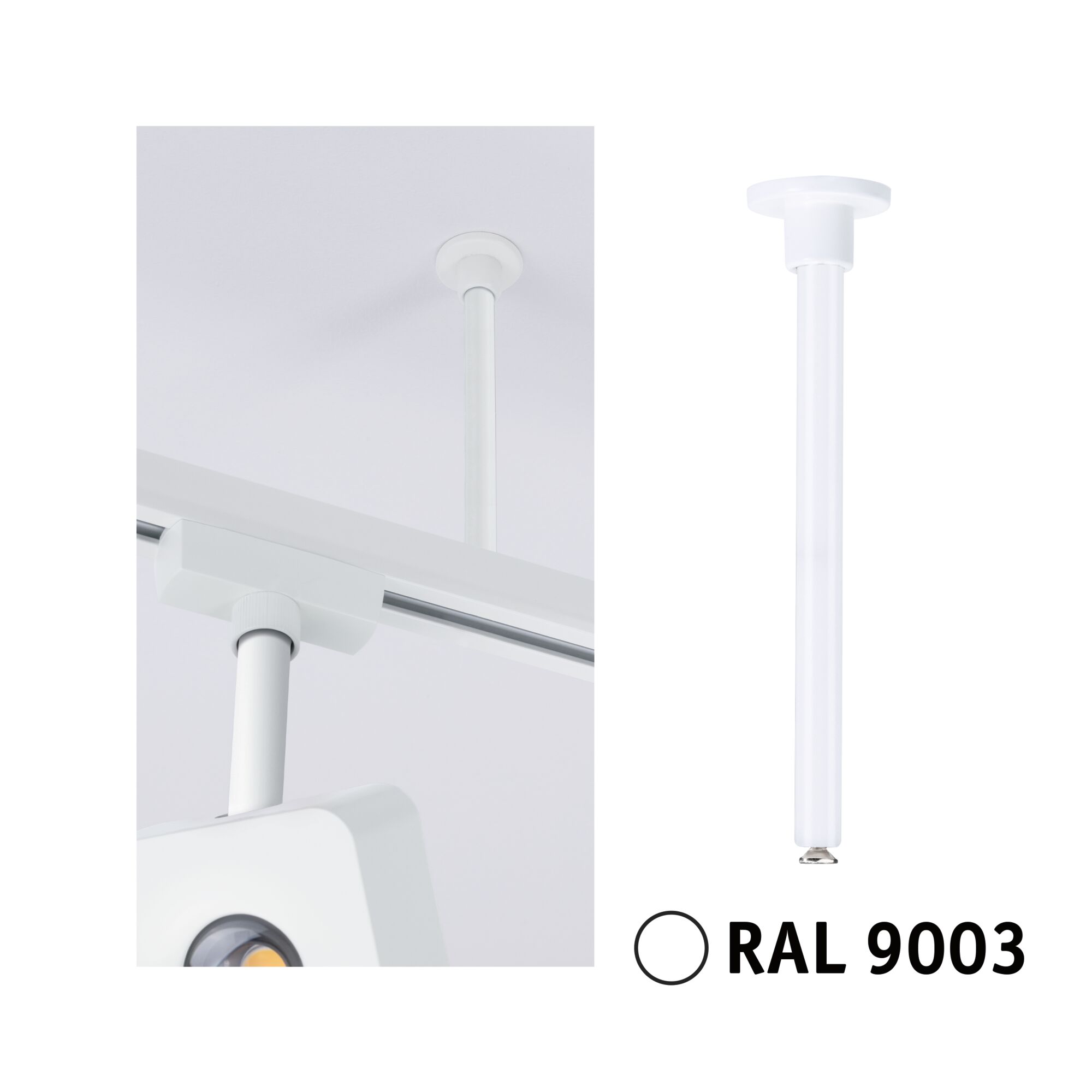 White metal ceiling pendant in RAL 9003 for track lighting systems mounting