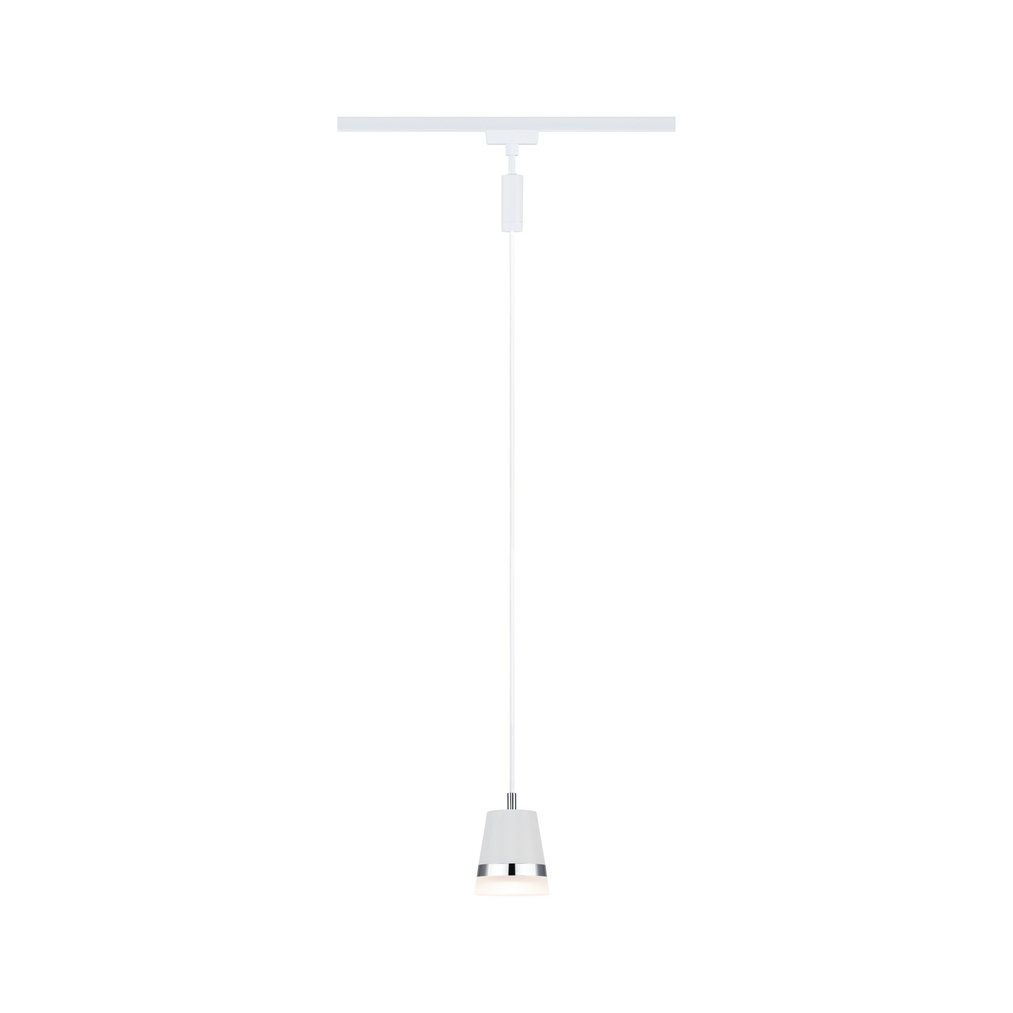 White metal pendant light with chrome ring and white cable for modern indoor lighting