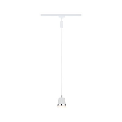 White metal pendant light with chrome ring and white cable for modern indoor lighting